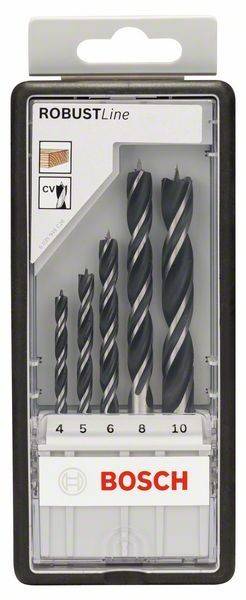 Ein Satz von fünf schwarzen und silbernen Bohrern in unterschiedlichen Größen, von der kleinsten bis zur größten vertikal angeordnet, in Verpackung.