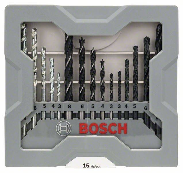 Ein Bosch-Bohrersatz mit sauber angeordneten Bohrern verschiedener Größen, nummeriert von 3 bis 8. Der Satz umfasst 15 Stück in einem grauen Etui.