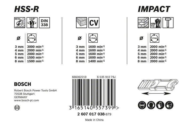 Ø-min-max Bohrersspezifikationen für 'BETON', 'CV' und 'SCHLAG': '6 mm-1000 min -1', '4 mm-1600 min -1', '8 mm-200 min -1'.