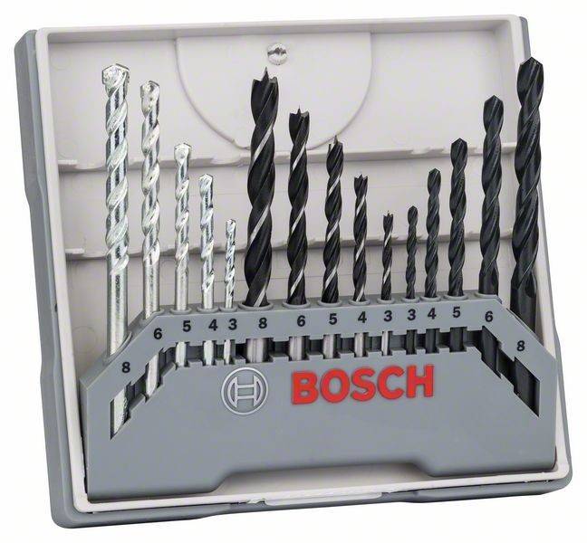 Bosch-Bohrbitset mit verschiedenen Größen, präsentiert in einem grauen Kunststoffhalter, mit schwarzen und silbernen Bohrern.