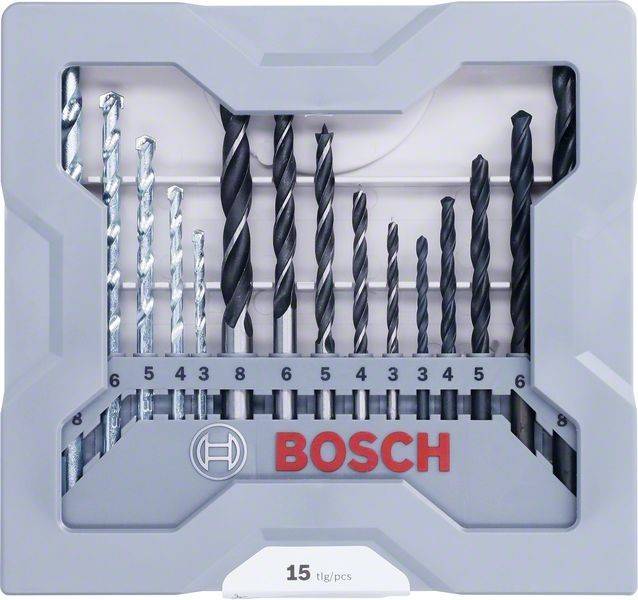 Bosch 15-teiliges Bohrersatz, der verschiedene Größen von 3 bis 6 umfasst, geeignet für Holz und Metall, in einer grauen Box verpackt.