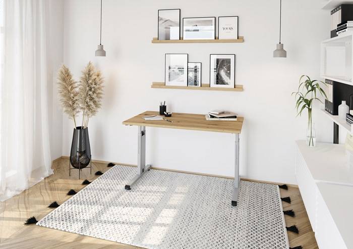 Schreibtisch H650-850xB1400xT670mm Asteiche ger.Form C-Fuß HAMMERBACHER