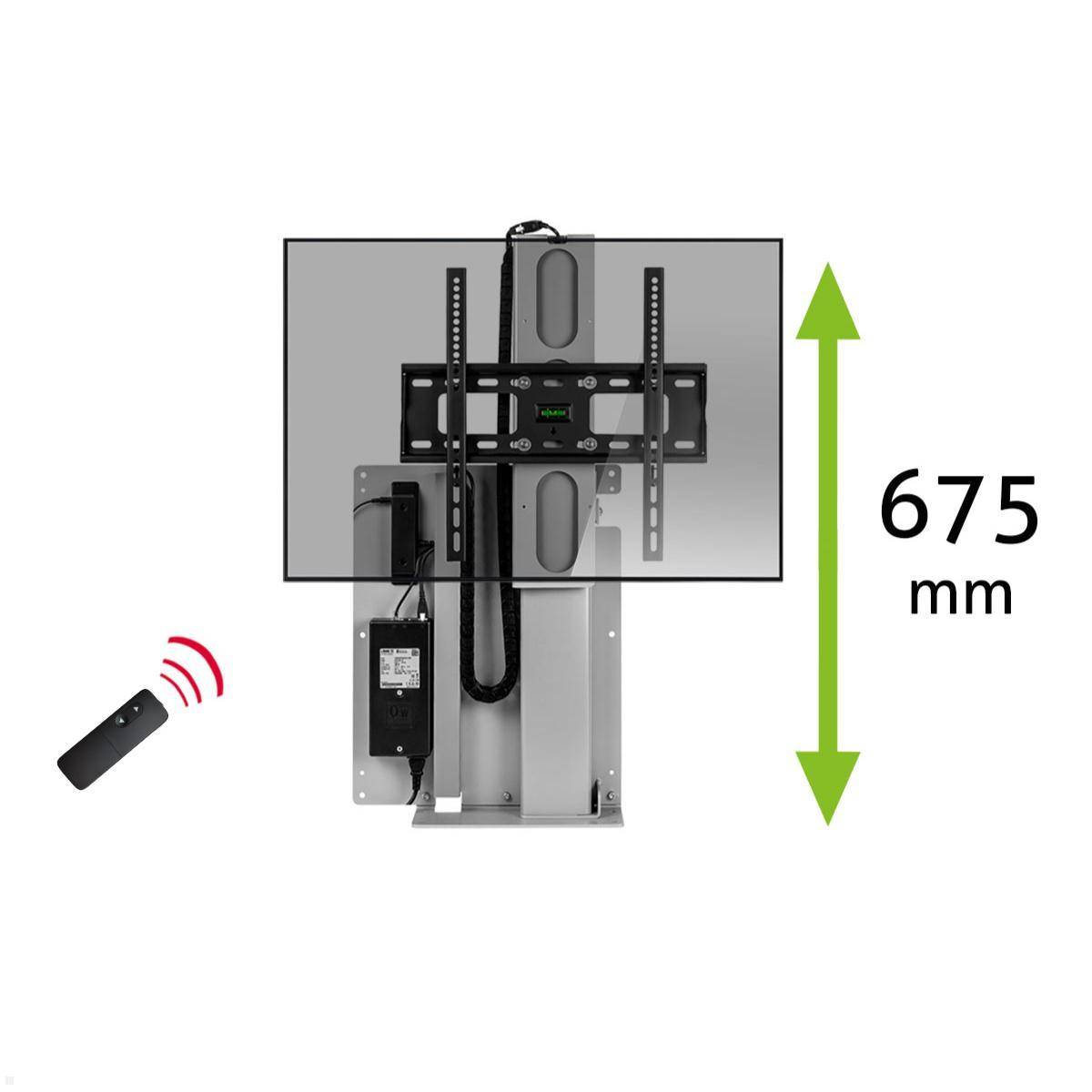 TV-Hubmechanismus mit einer Höhenverstellung von 675 mm, mit einer Fernbedienung auf der linken Seite des Bildes.