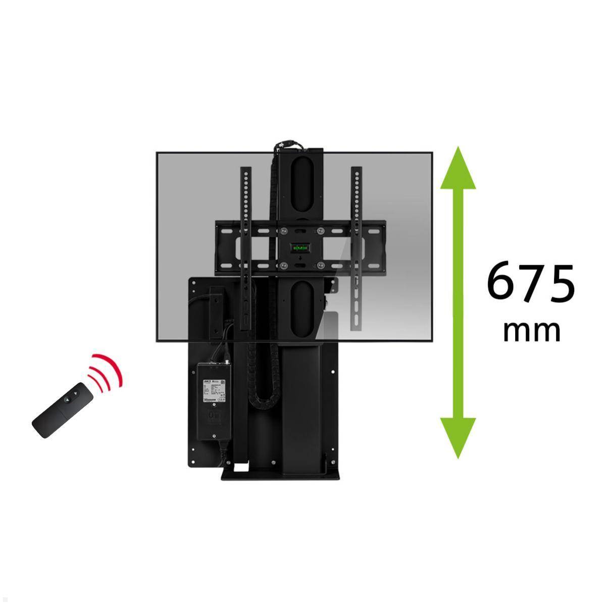 Wandhalterung für TV mit motorisierter vertikaler Verstellung, dargestellt durch einen aufwärts gerichteten Pfeil mit der Bezeichnung '675 mm' und einem Fernbedienungs-Symbol.