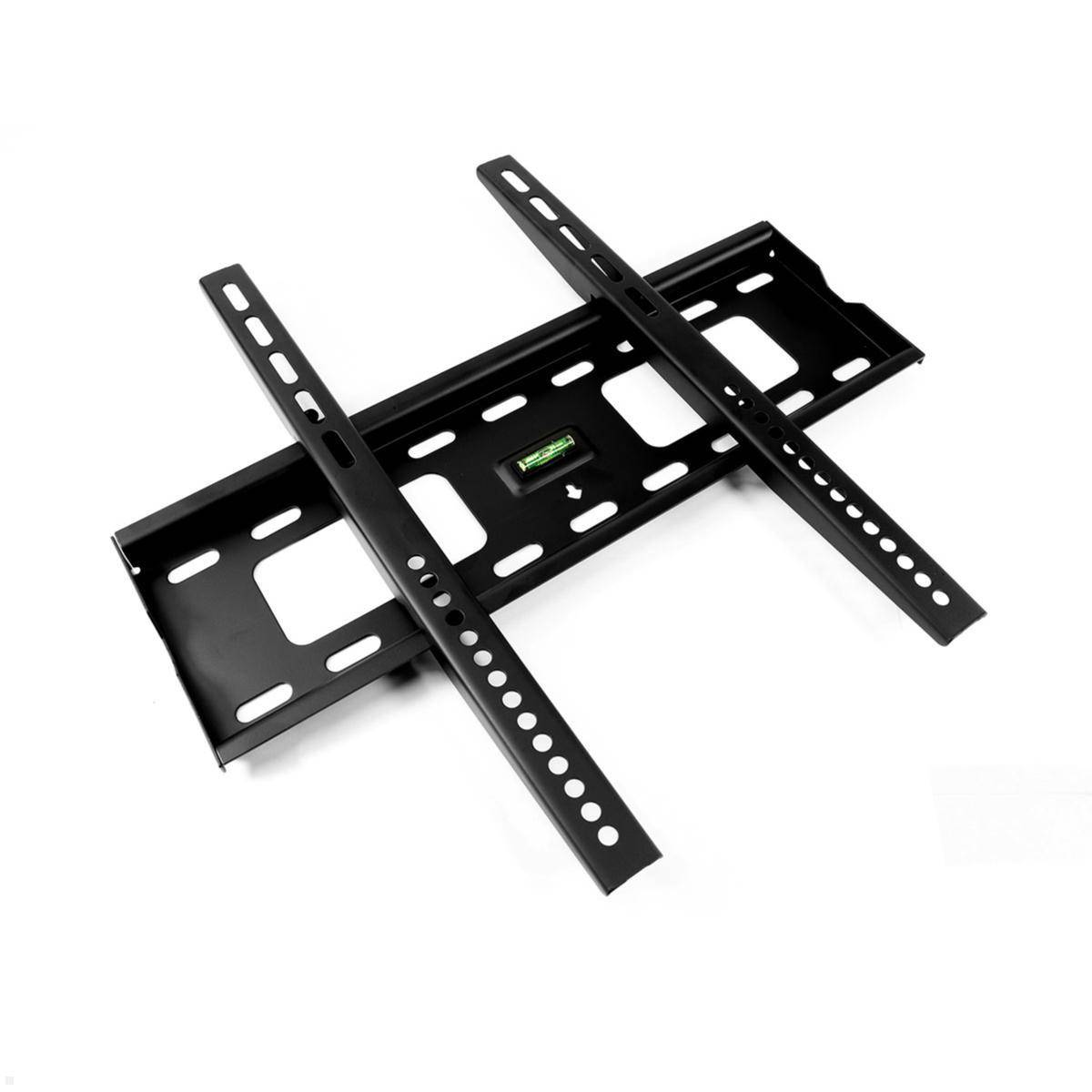 Eine schwarze Metall-TV-Wandhalterung mit zwei langen, gelochten Halterungen und einer integrierten Wasserwaage, zentriert auf einem weißen Hintergrund.