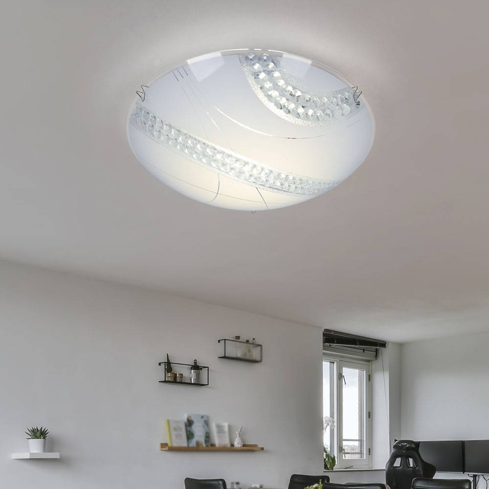 Kristalllampen Decke Glasbeleuchtung Kristall Lampe Deckenlampe, Glas satiniert Metall weiß, 1x LED 12W 1200Lm neutralweiß, DxH 30x9,8 cm