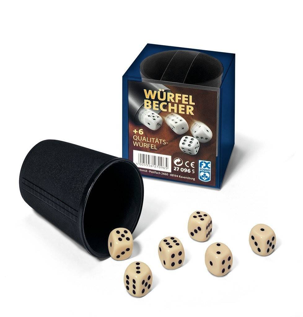 Ravensburger 27096 - Würfelbecher mit 6 Würfel Würfelbecher aus Kunststoff mit 6 Qualitätswürfeln in Klarsichtbox