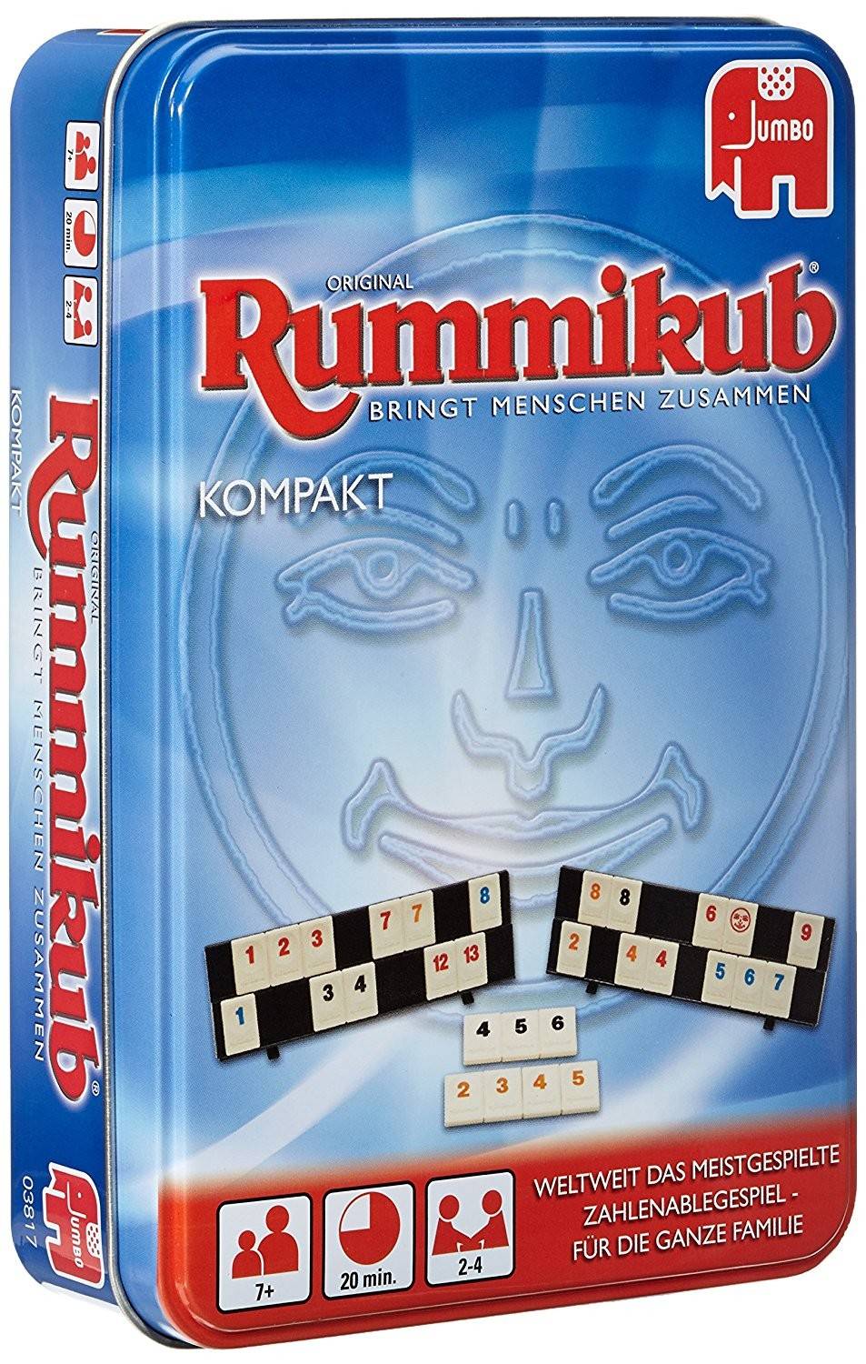 Jumbo 03817 - Original Rummikub Kompakt, Familienspiel, Metalldose Das Spiel, das Menschen zusammen bringt