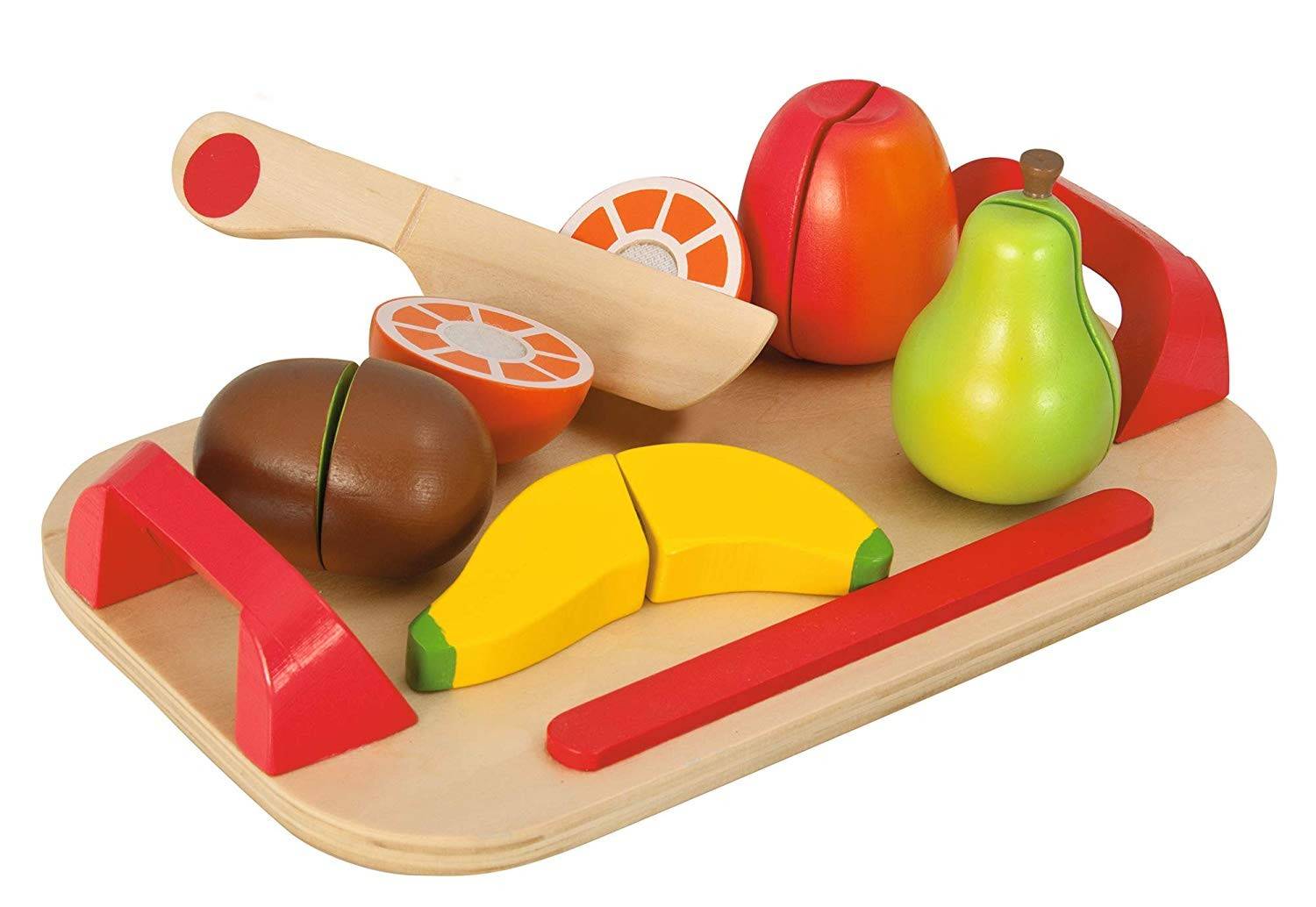 Eichhorn 100003721 - Schneidebrett mit Früchten, Obst aus Holz mit Klettverbindung Motorikspiel aus farbigem Holz, Set mit Holzfrüchten und Holztabl