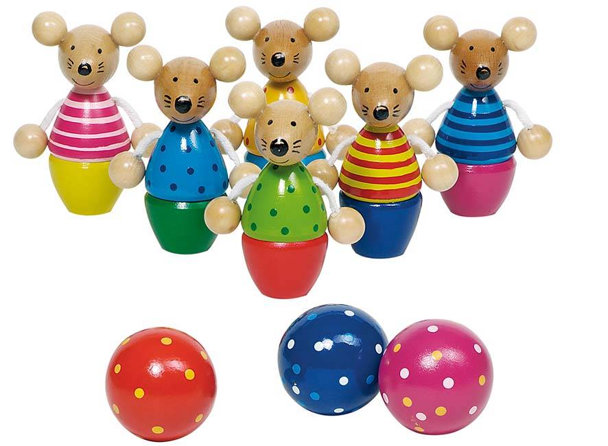 Goki 56943 - Kegelspiel Speedy, Mäuse-Kegel aus Holz