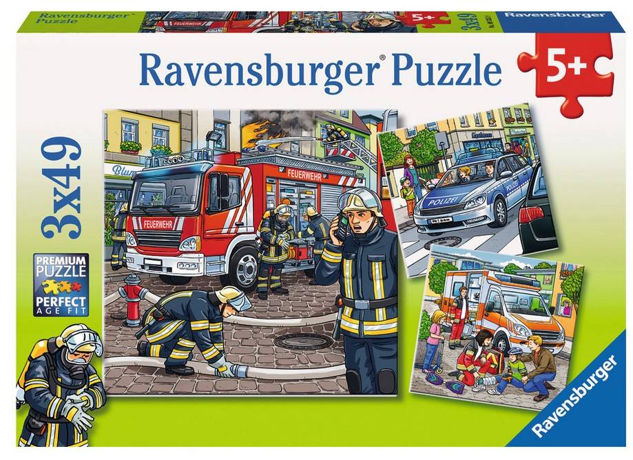 Ravensburger 093359 - Helfer in der Not, Puzzle 3 x 49 Teile Premium Puzzle, 3 x 49 Teile, Mit 3 Mini-Postern, Perfect Age Fit
