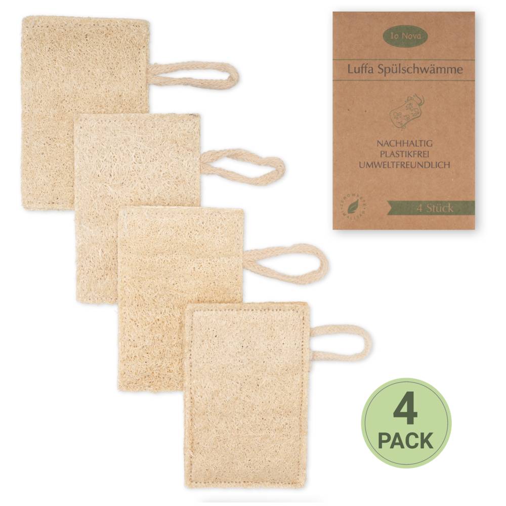 Luffa Spülschwämme, 4er Set 4 Schwämme aus 100% Luffa, sanft zu jeder Art von Oberflächen, Kordel aus Baumwolle, langlebig, biologisch abbaubar, v