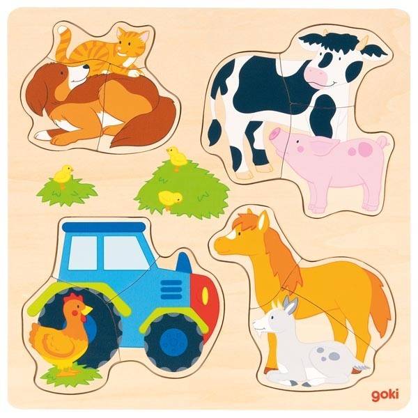 Goki 57430 - Einlegepuzzle, Bauernhoftiere, Holz, Puzzle, 12 Teile Holzpuzzle, 12 Teile