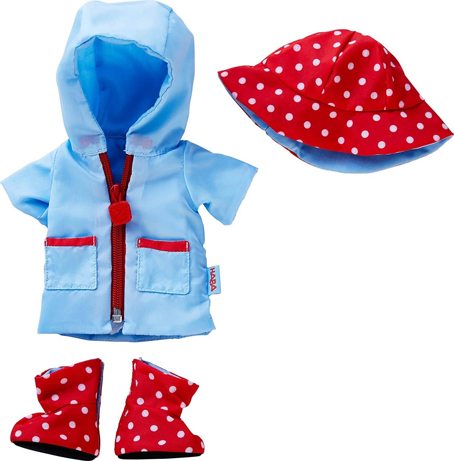 HABA 303255 - Kleiderset Regenzeit, Puppenkleidung 1 Regenmantel, 1 Regenhut, Stiefel.