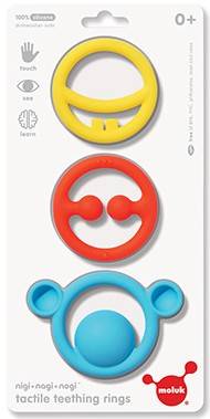 Moluk 2843400 - Nigi+Nagi+Nogi, Greif- und Beißring-Set, Silikon, rot/blau/gelb, 3-teilig