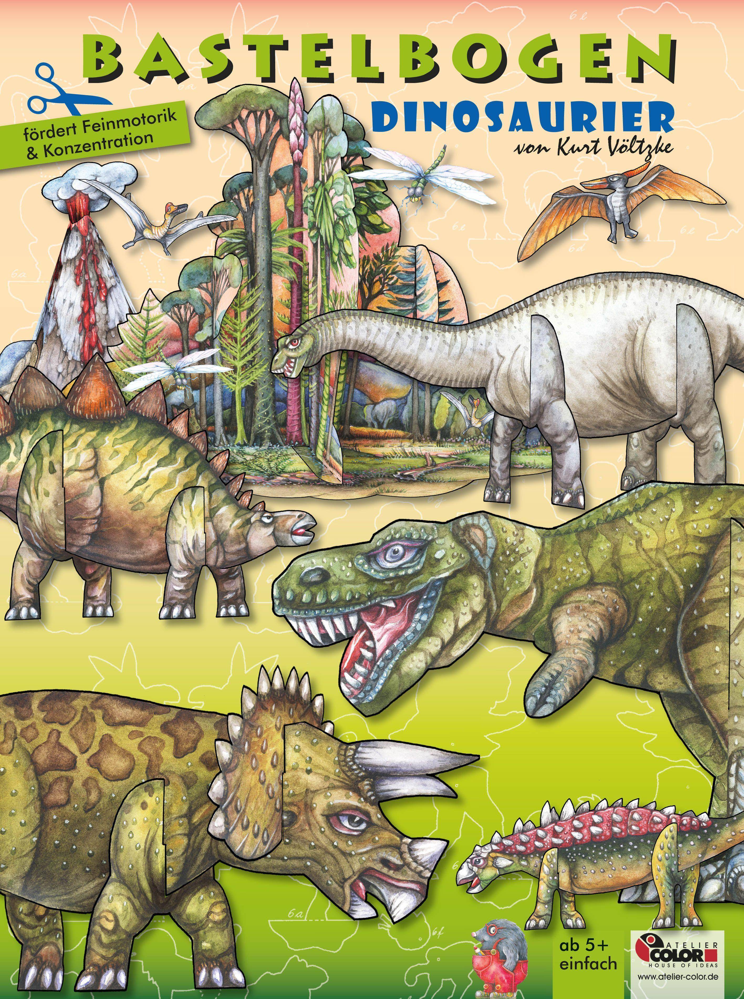 Dinosaurier Bastelbogen 3d bespielbare Dinosaurier mit Vulkan & Erdmittelalter Landschaft zum Basteln aus Papier für Kinder ab 5+. Illustrierte Ausga
