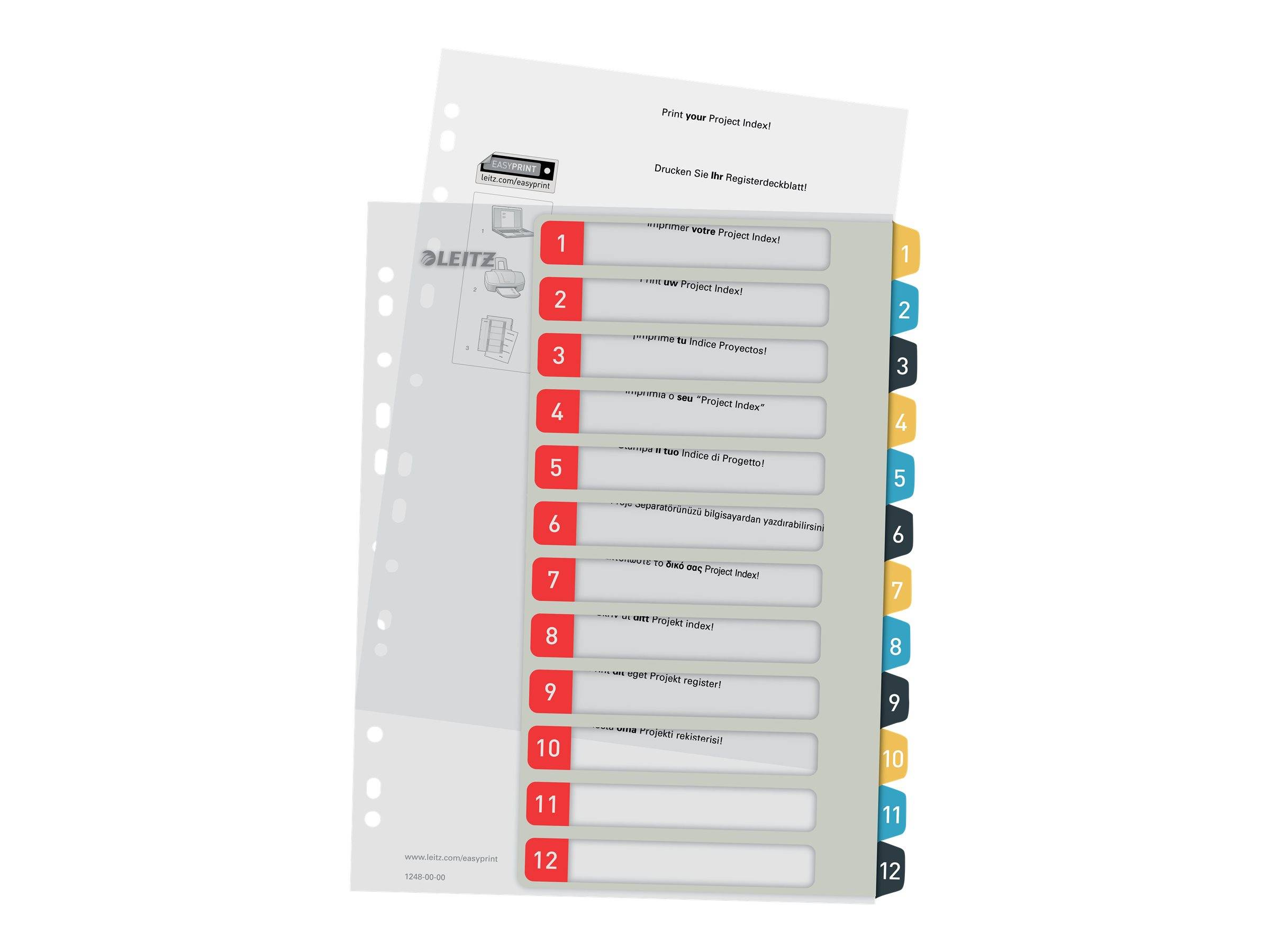 Ein 12er-Registerkartenset mit nummerierten farbigen Reitern und leeren Beschriftungsfeldern zur Dokumentenorganisation.