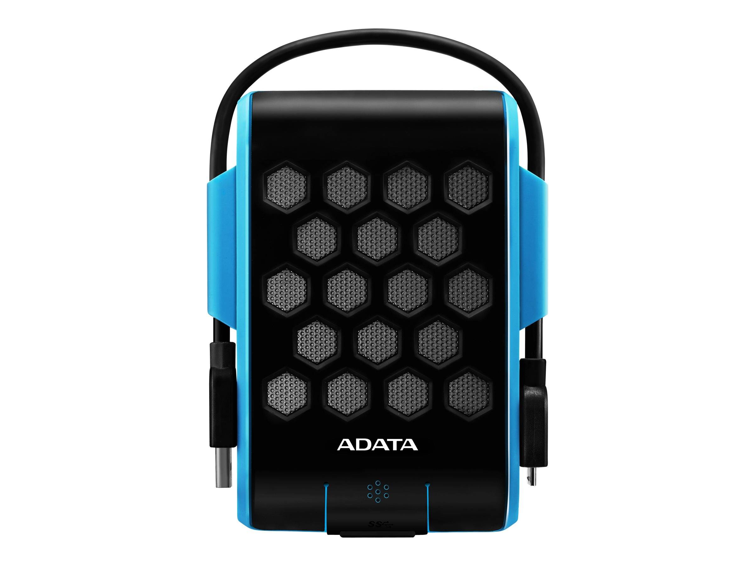 ADATA externe Festplatte mit schwarzer sechseckiger Vorderseite und blauen Seitenelementen, gezeigt mit angeschlossenem Kabel auf weißem Hintergrund.