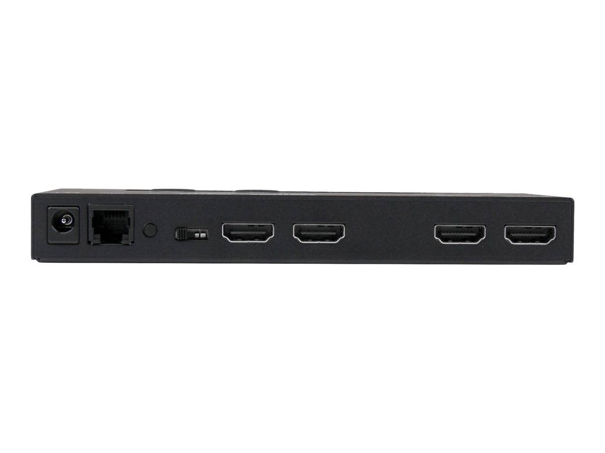 Schwarzes rechteckiges Gerät mit Frontplatte, Stromanschluss, Ethernet-Port, kleinem Schalter und vier HDMI-Anschlüssen auf weißem Hintergrund