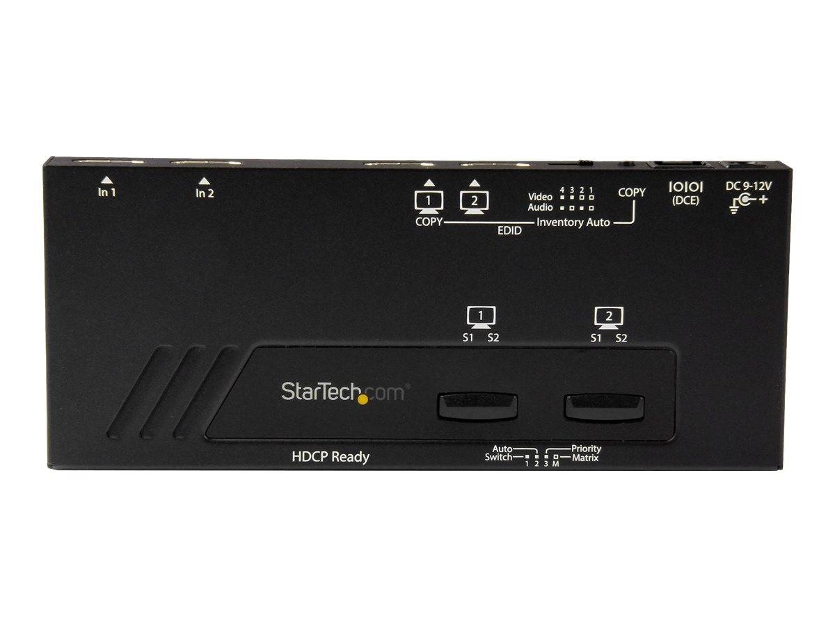 Black StarTech.com HDCP-bereit 2-Port Video-/Audioswitcher mit Ein-, Aus-, Kopier- und Wahltasten auf der Frontplatte.