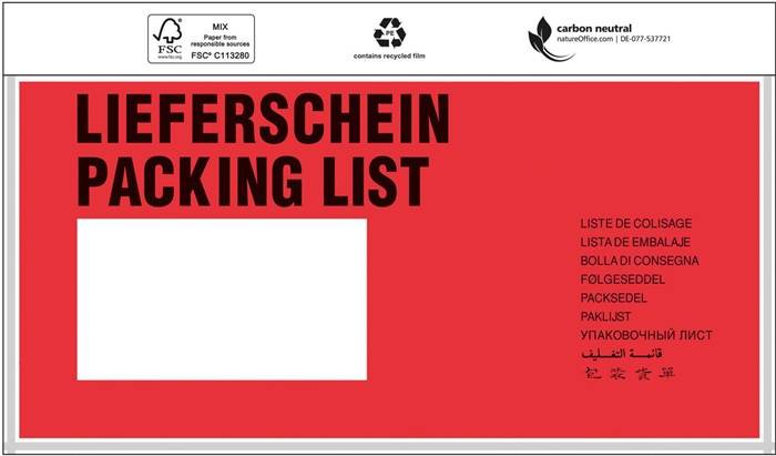 Dokumententaschen Standard Maße 240x110mm DIN-lang m.Druck Lieferschein TRANSPAK