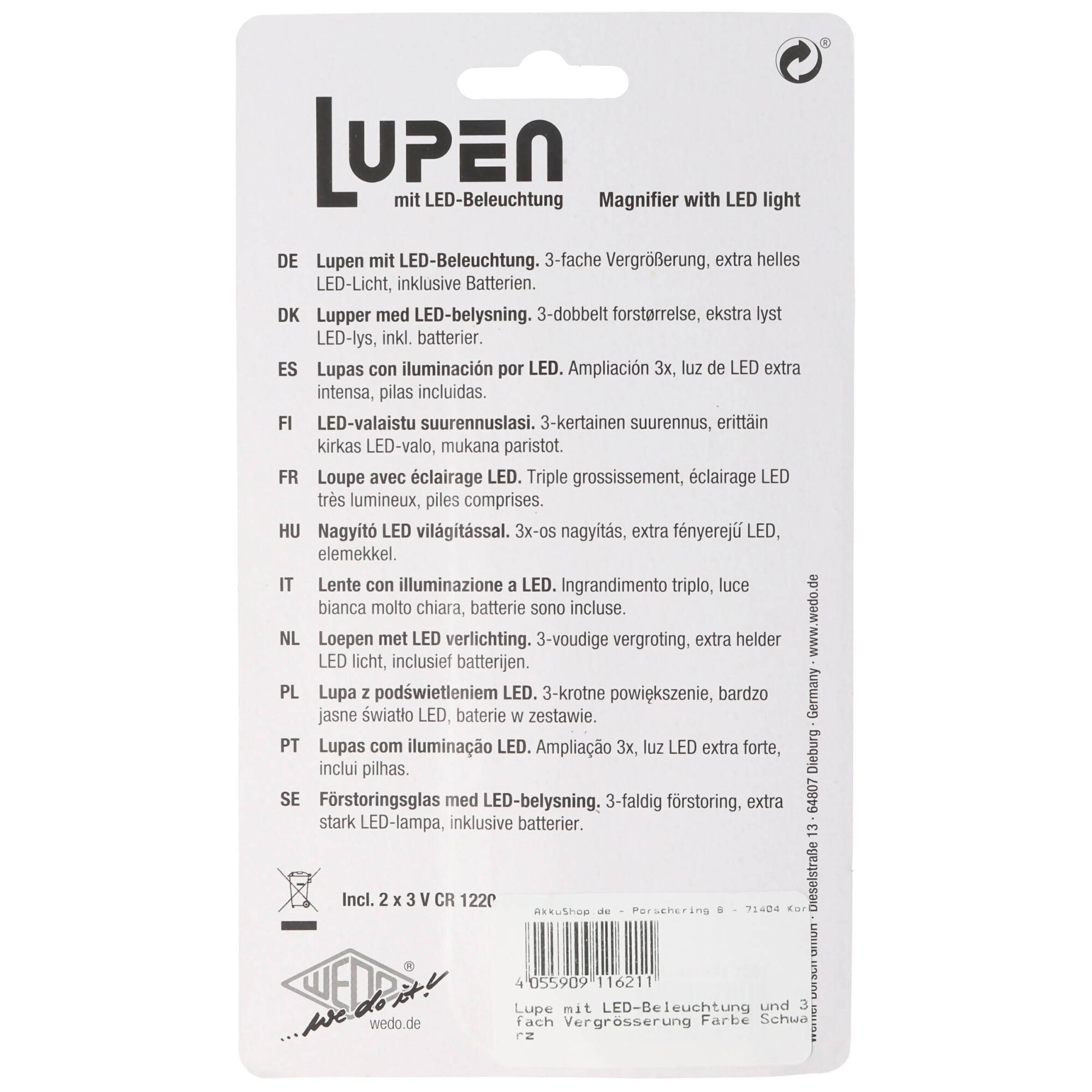 Lupe mit LED-Beleuchtung und 3fach Vergrösserung Farbe Schwarz inklusive Batterien