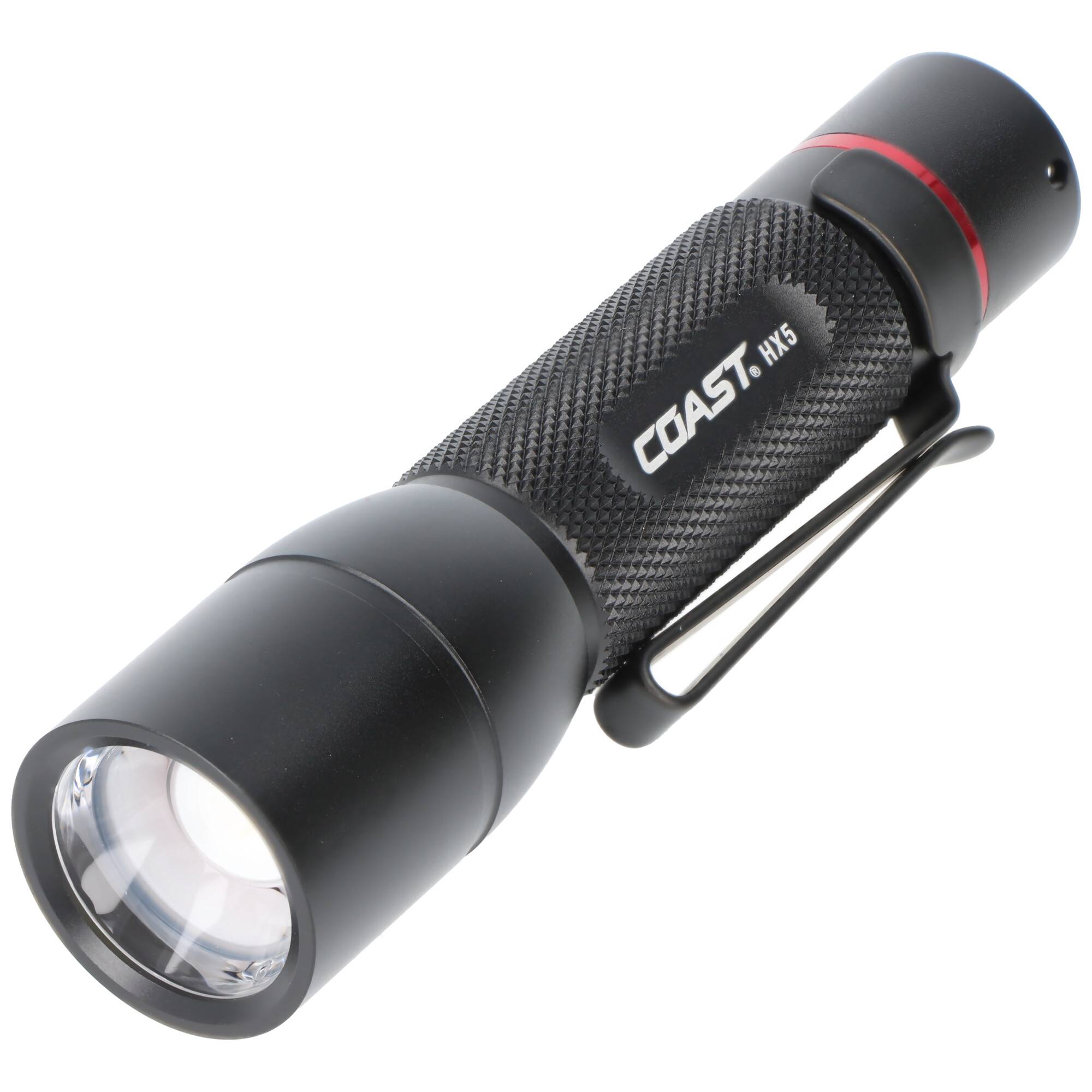 Schwarze COAST HX5 Handlampe mit Clip, auf weißem Hintergrund gezeigt.