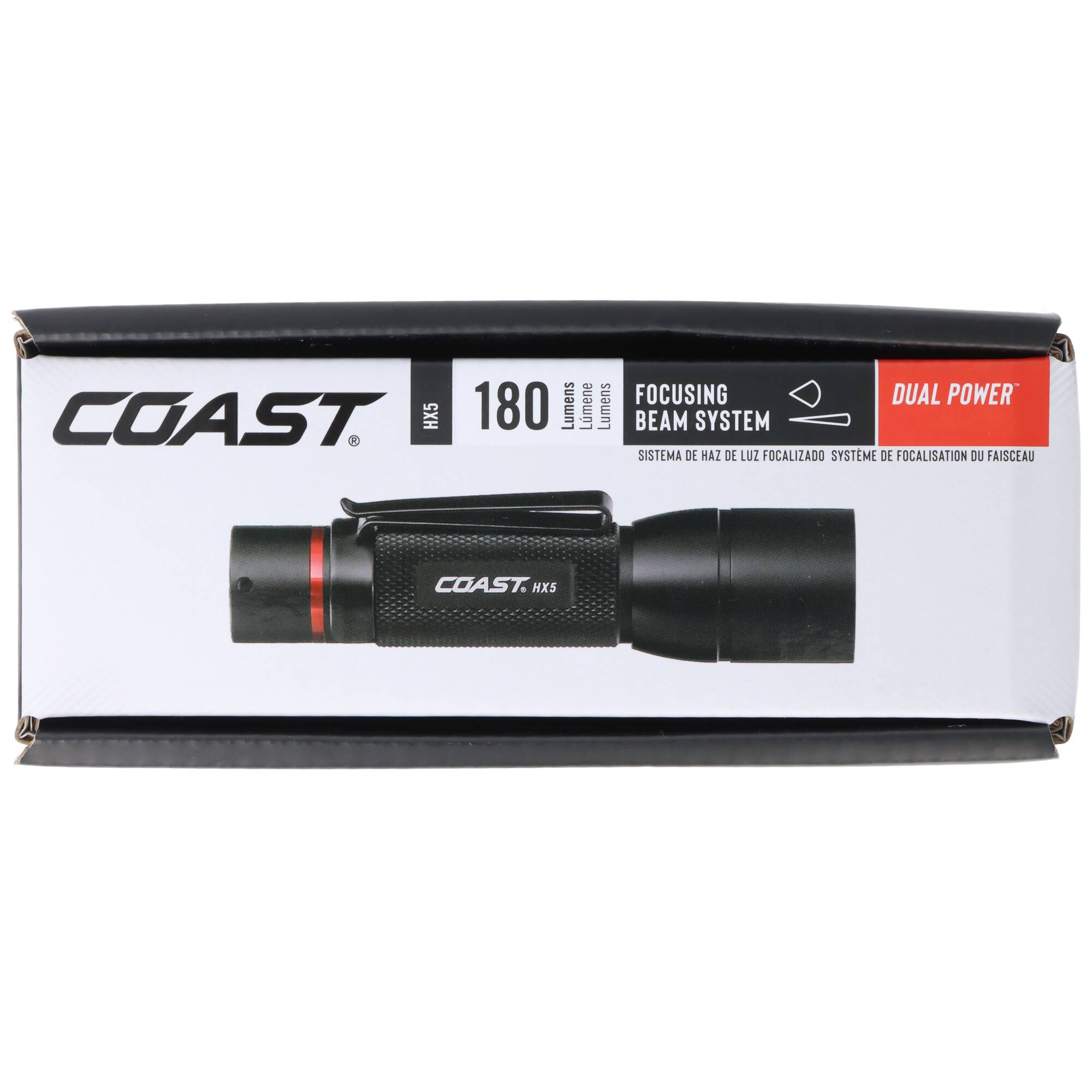 COAST H25 Taschenlampen-Box mit schwarzer Taschenlampe, 180 Lumen, Fokusstrahl-System und Dual-Power-Etikett.