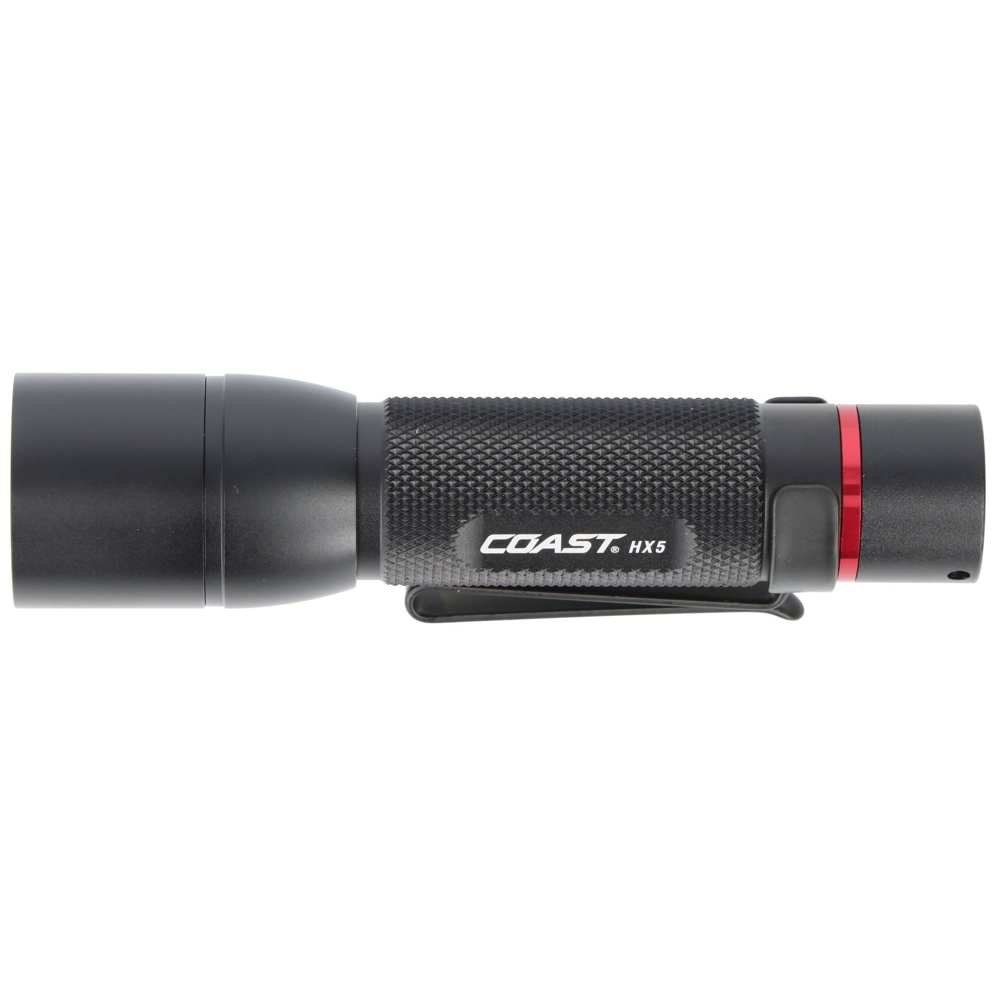 Schwarze Coast HX5 Taschenlampe mit strukturiertem Griff und rotem Ring, in Seitenansicht auf weißem Hintergrund gezeigt.