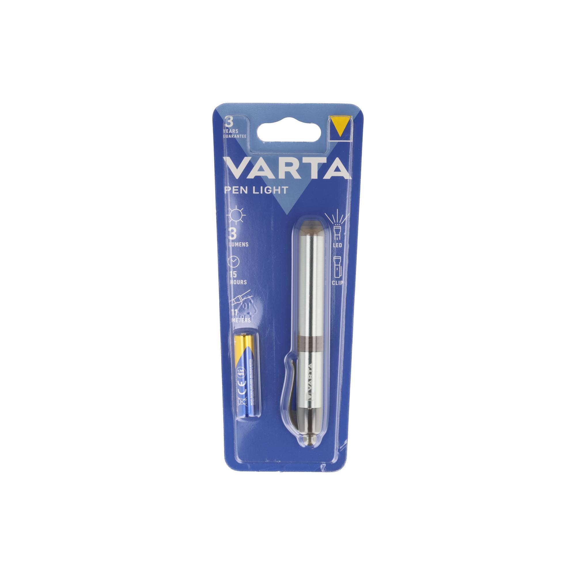 VARTA-Taschenlampe und Batterie in blauer Blisterverpackung auf weißem Hintergrund.