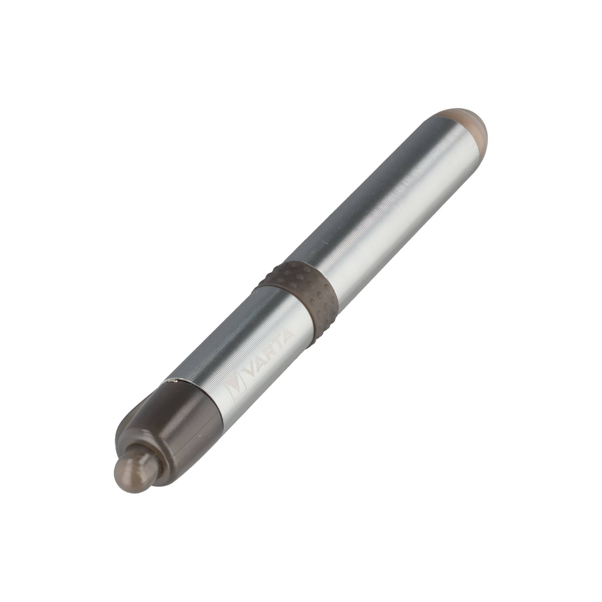 Silberner und dunkelbrauner stiftförmiger Stylus mit verjüngter Spitze, dargestellt auf einfachem weißem Hintergrund.