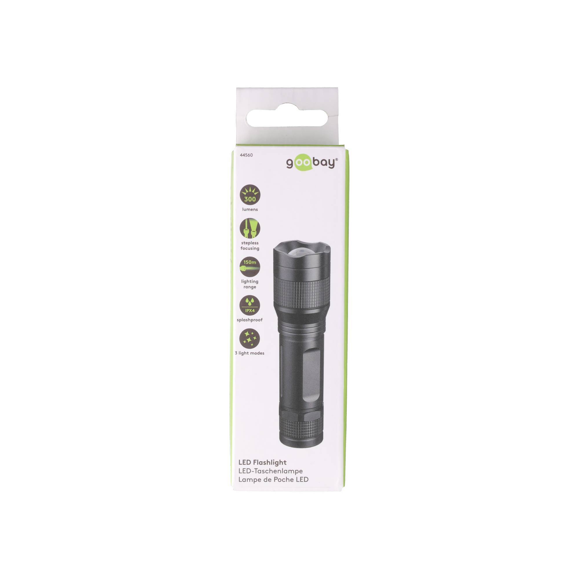 Produktbox für eine 9oobay LED-Taschenlampe, die eine schwarze Taschenlampe und Funktionssymbole auf der Vorderseite zeigt.