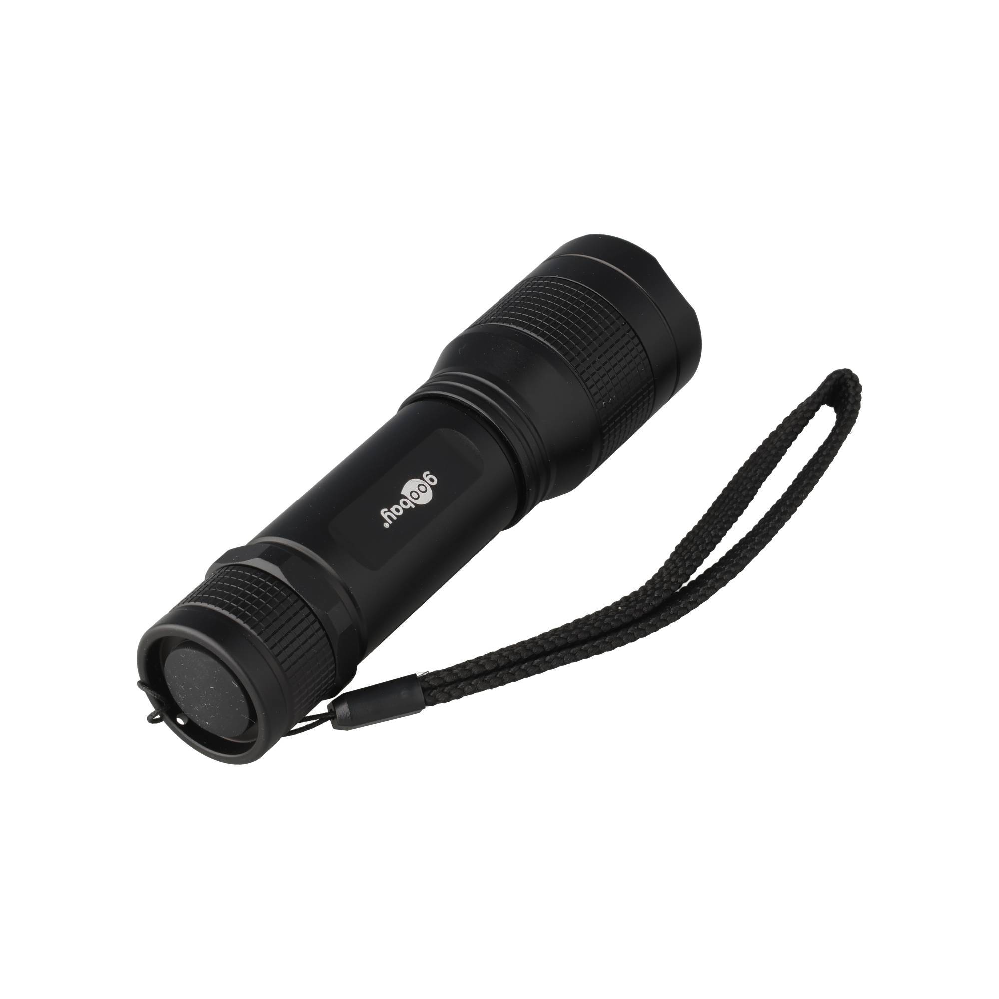 Schwarze tragbare Taschenlampe mit Handgelenkschlaufe auf weißem Hintergrund.