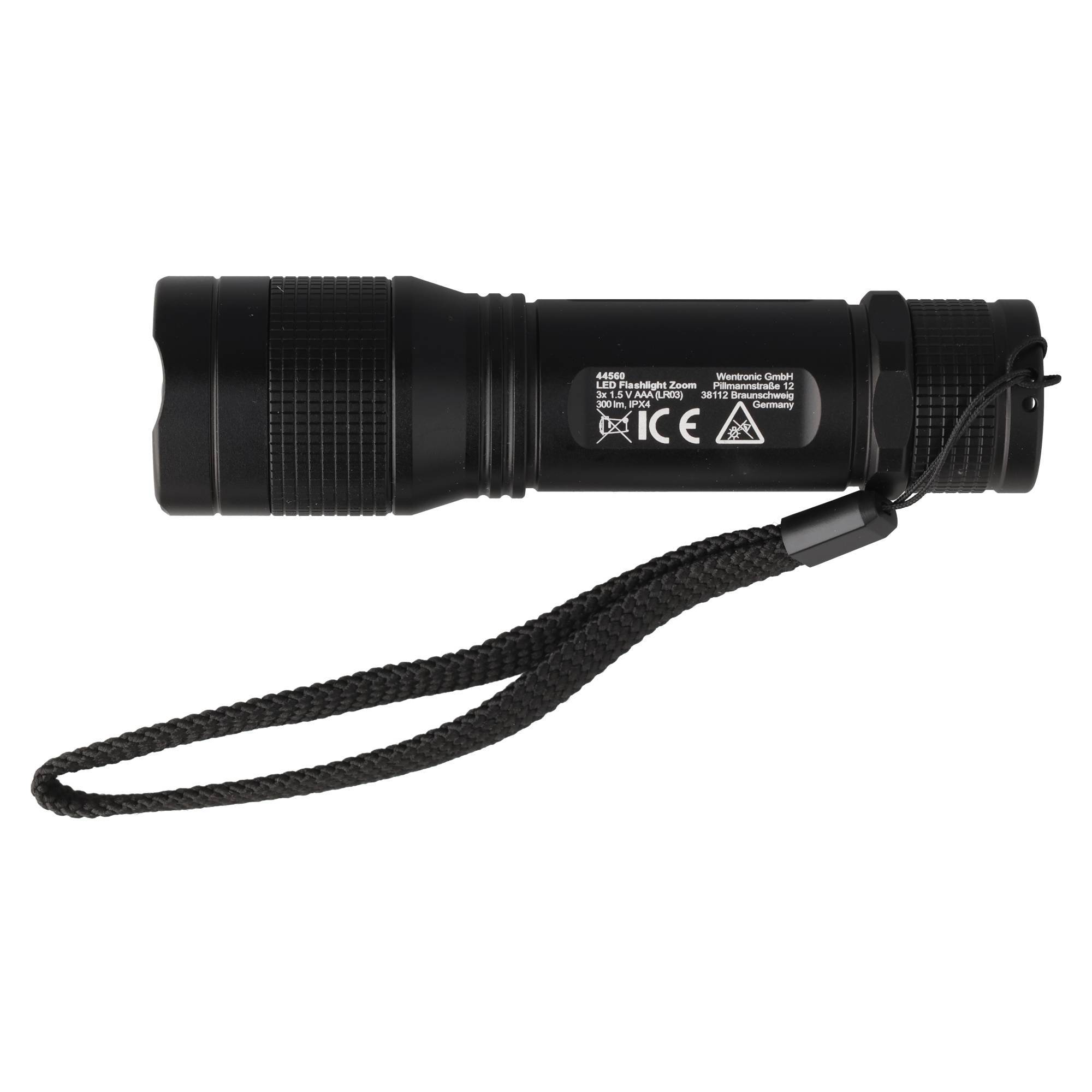 Schwarze tragbare Taschenlampe mit Handgelenkschlaufe, dargestellt in Seitenansicht auf weißem Hintergrund.