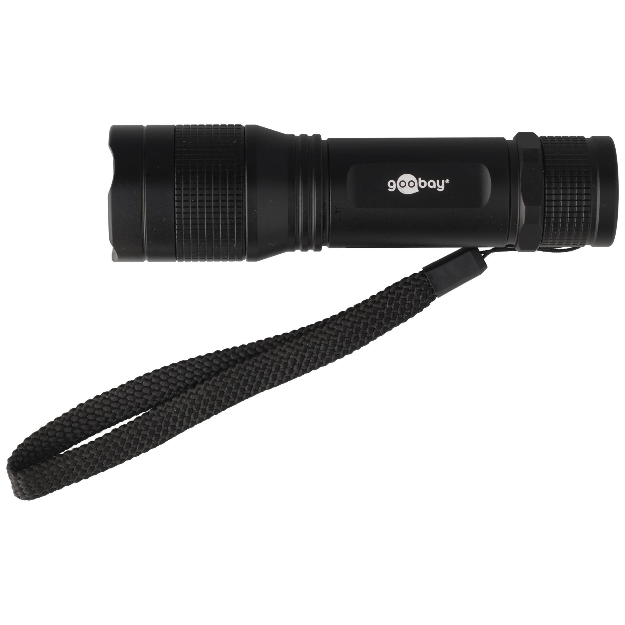 Schwarze 9oobay-Taschenlampe mit Handgelenkschlaufe auf weißem Hintergrund.