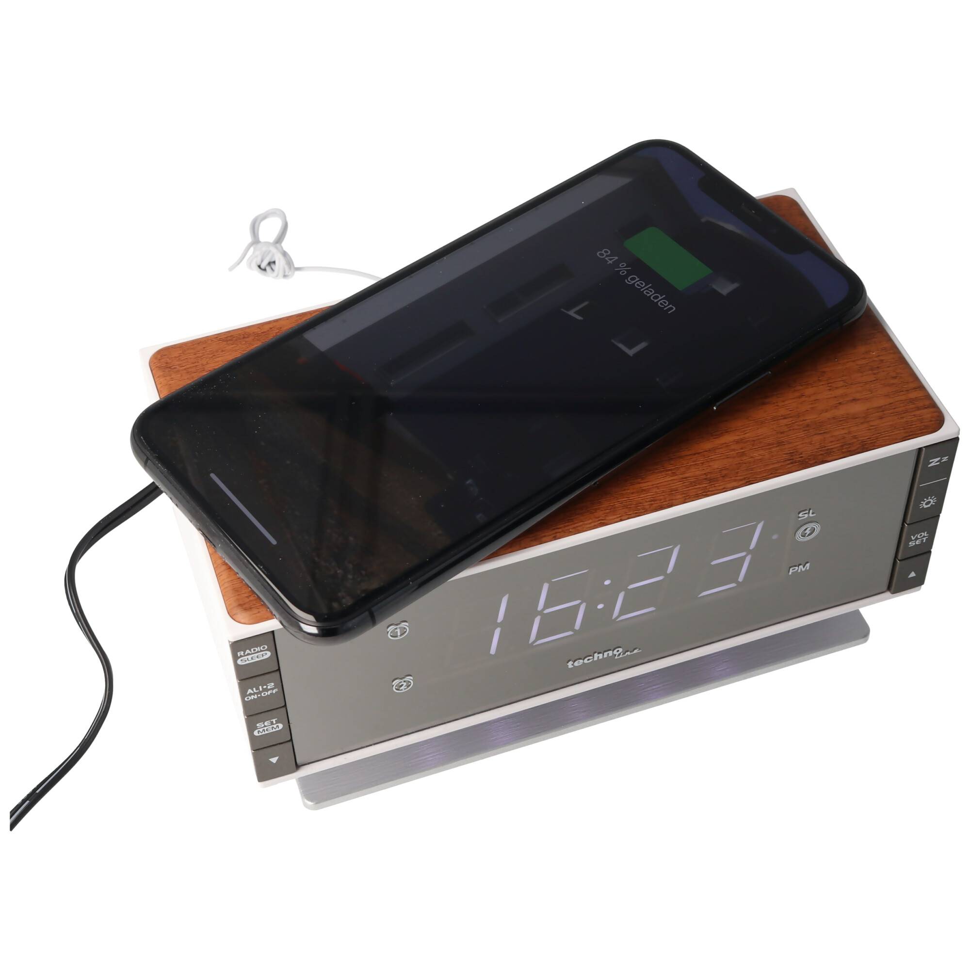 WT487 - moderner Radiowecker, kompatibel mit Qi-fähigen, mobilen Endgeräte (kabelloses Laden über induktive Ladefläche)