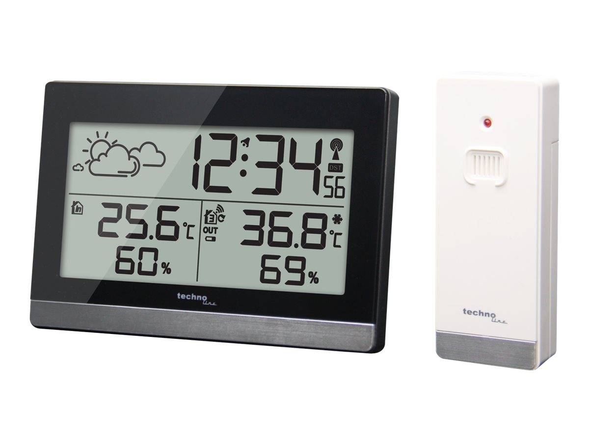 Digitale Wetterstation zeigt Innentemperatur 25,6°C, Luftfeuchtigkeit 60%, Außentemperatur 36,8°C, Luftfeuchtigkeit 69% und Wolken-Symbol.