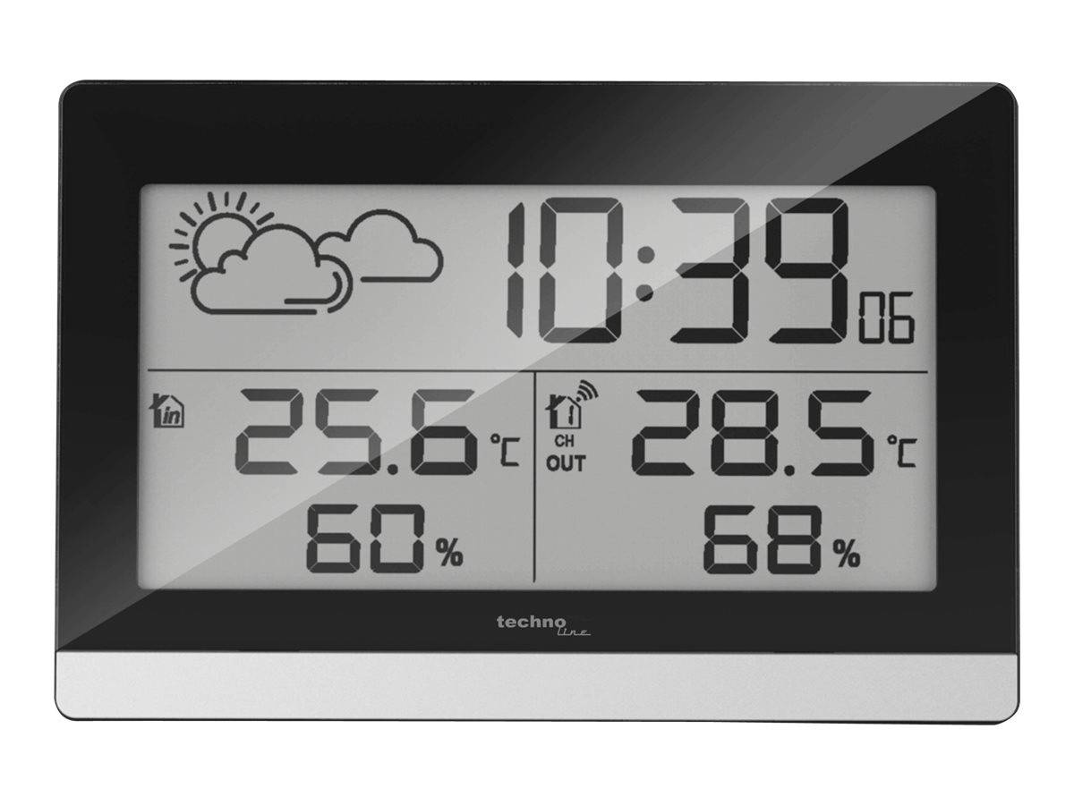 Eine digitale Wetteranzeige zeigt eine Zeit von 10:39 Uhr, mit einer Innentemperatur von 25,6°C und 60% Luftfeuchtigkeit sowie einer Außentemperatur von 28,5°C und 68% Luftfeuchtigkeit.