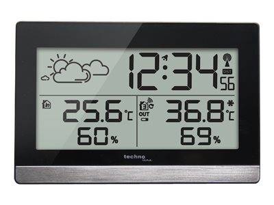 Digitale Wetterstation-Anzeige mit Uhrzeit '12:34', Innentemperatur '25,6°C' bei '60% Luftfeuchtigkeit', Außentemperatur '36,8°C' bei '69% Luftfeuchtigkeit' und einem teilweise bewölkten Symbol.