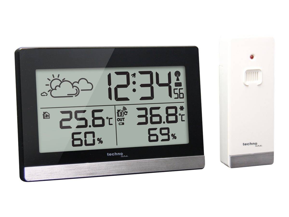 Ein digitales Innen-Außen-Thermometer zeigt '25,6°C, 60%' im Innenbereich und '36,8°C, 69%' im Außenbereich an, mit aktueller Uhrzeit '12:34 Uhr'.