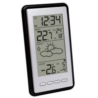 Digitale Wetterstation zeigt Uhrzeit 12:34 Uhr, Innentemperatur 22,7°C, Vorhersage teilweise bewölkt und Außentemperatur -2,6°C.