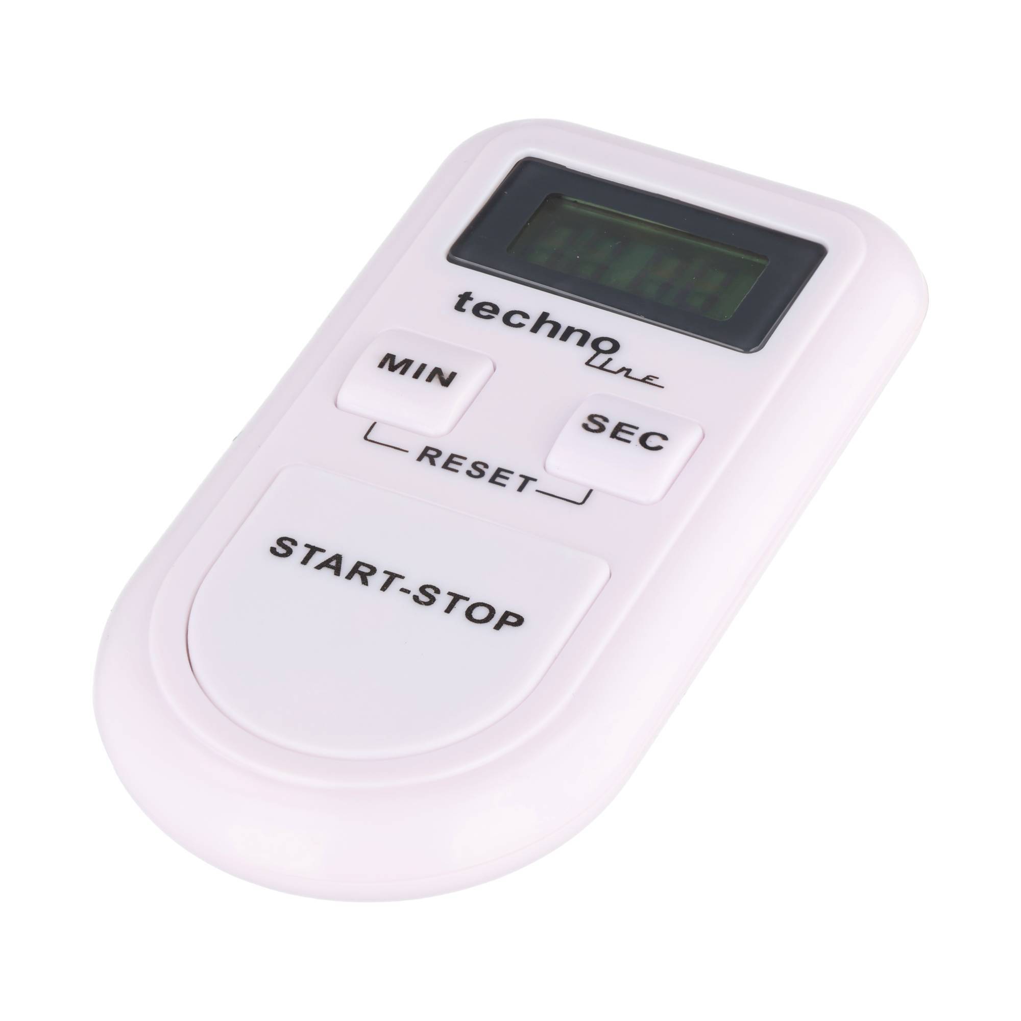 Digitale Küchenuhr in Weiß mit Display und Tasten mit den Beschriftungen MIN, SEC, RESET und START-STOP.