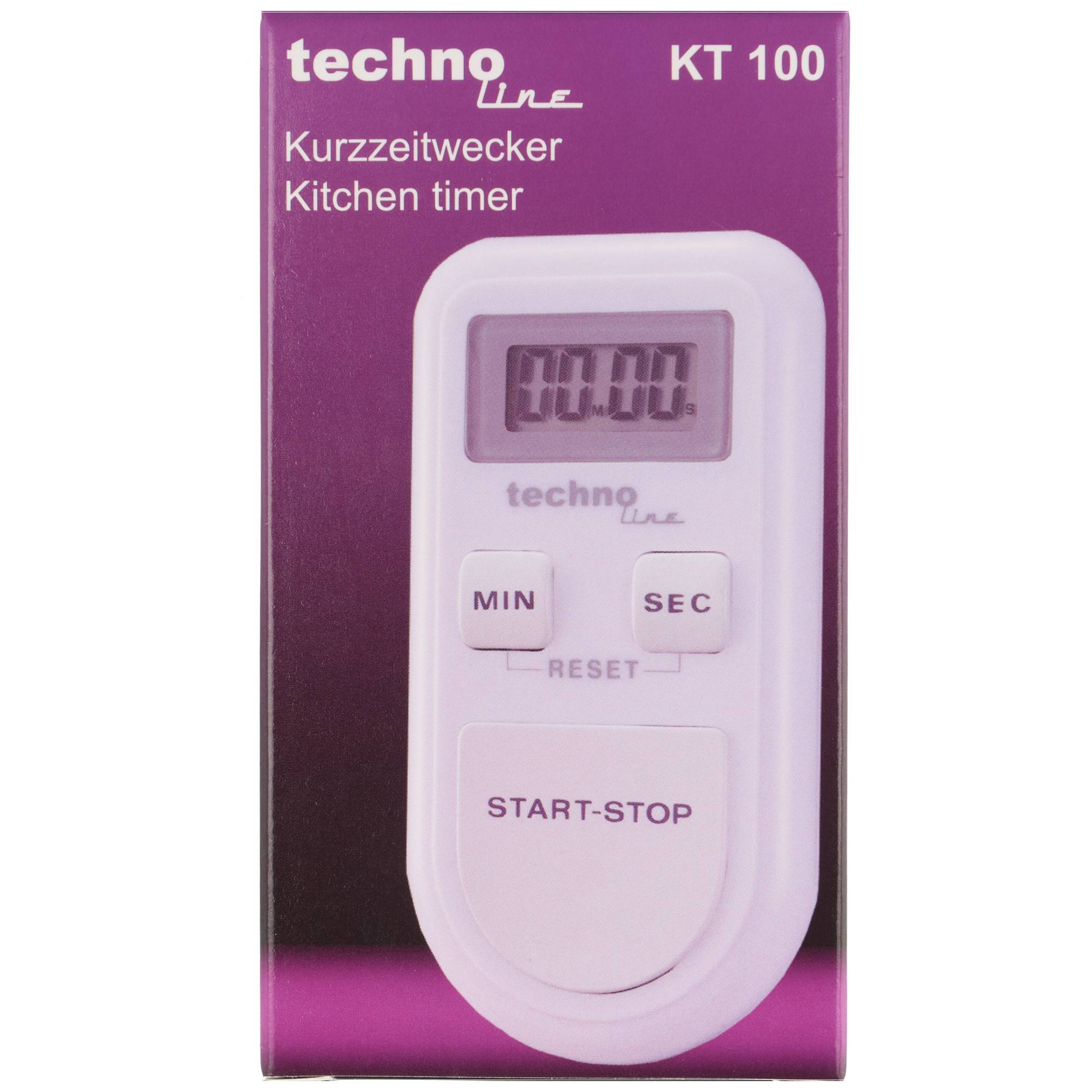 Verpackte Technoline KT 100 Küchenuhr mit digitaler Anzeige, MIN- und SEC-Tasten und großer START-STOP-Taste.