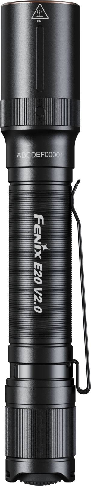 Schwarze Fenix E20 V2.0 Taschenlampe vertikal dargestellt, mit Clip und Textlogo auf dem Gehäuse.