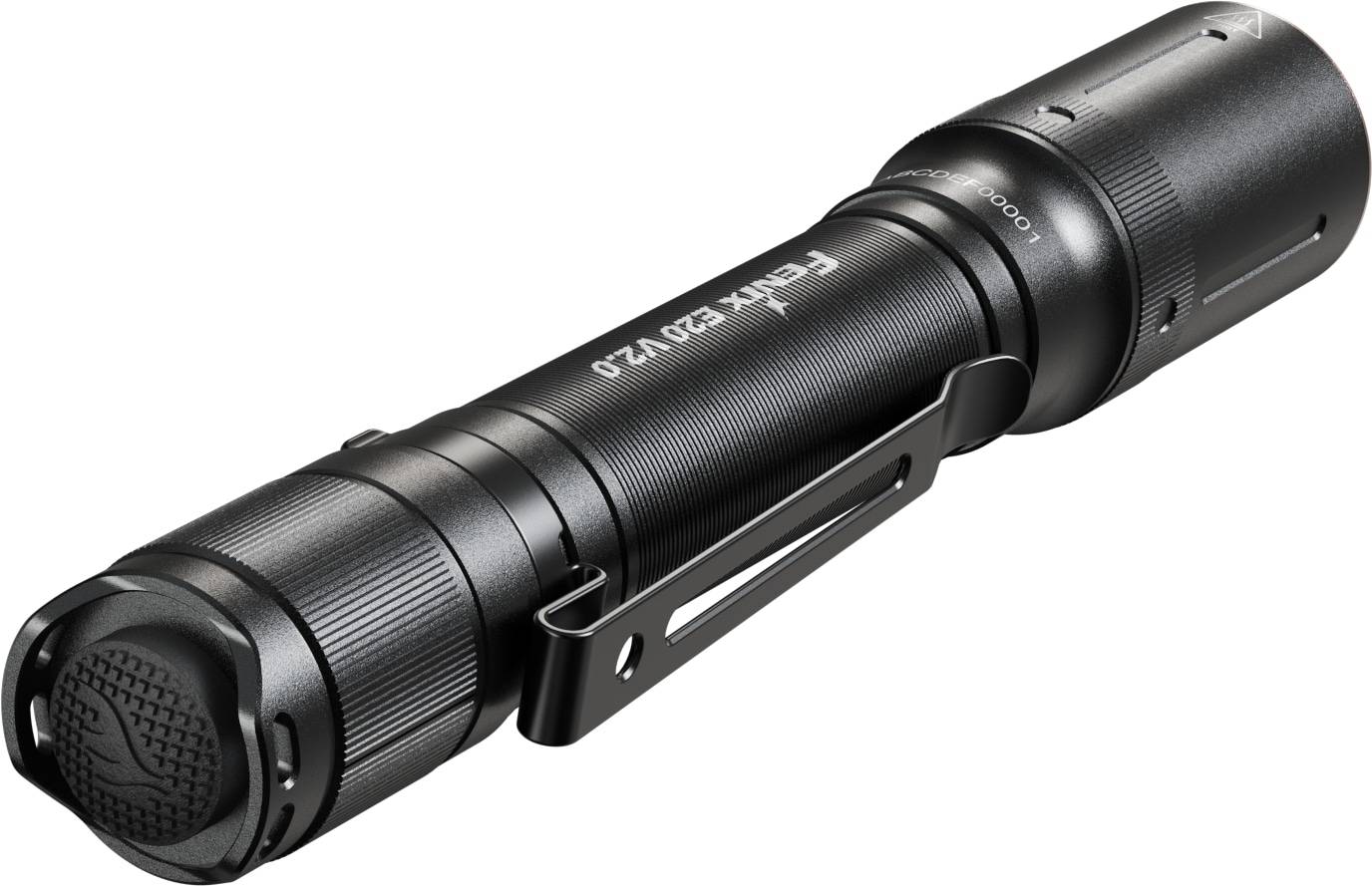 Black Fenix E20 V2.0 Taktische Taschenlampe mit Gürtelclip, auf weißem Hintergrund gezeigt.