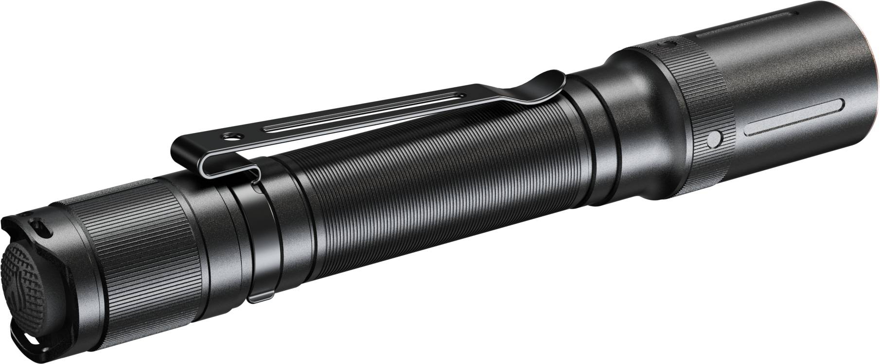 Schwarze taktische Taschenlampe mit geripptem Gehäuse und Clip, gezeigt auf weißem Hintergrund.
