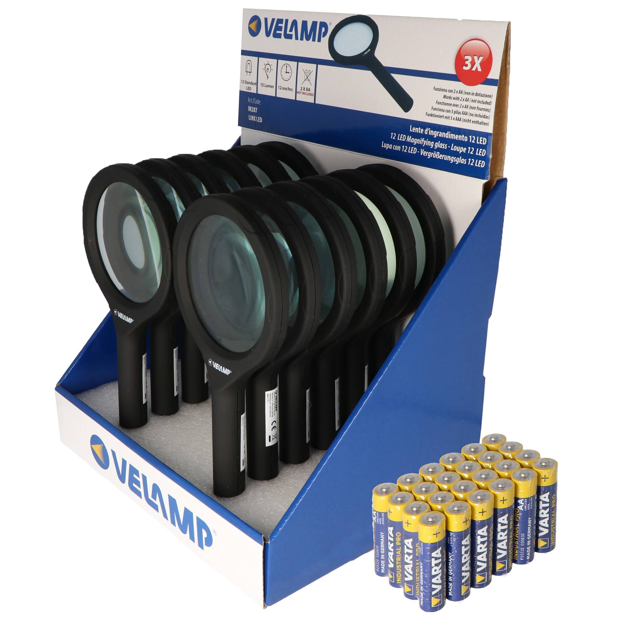 Thekendisplay bestehend aus 12 Lupen mit LED-Beleuchtung und 3fach Vergrößerung mit 12 LEDs, IN287, ideal geeignet zum L