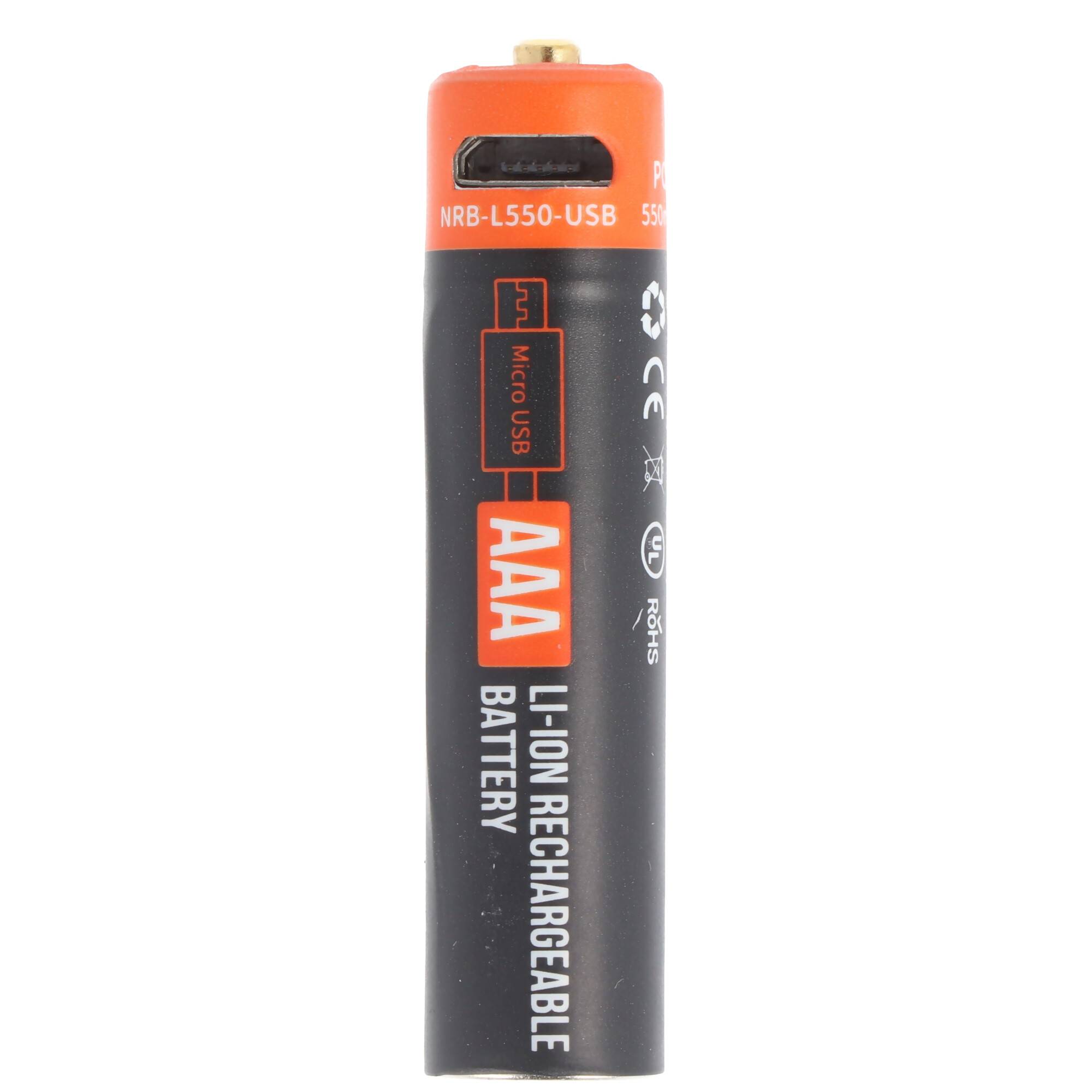 Rundzelle AAA, Li-ion, 1,5V, 550mAh, 0,8Wh, mit USB-Ladeanschluss