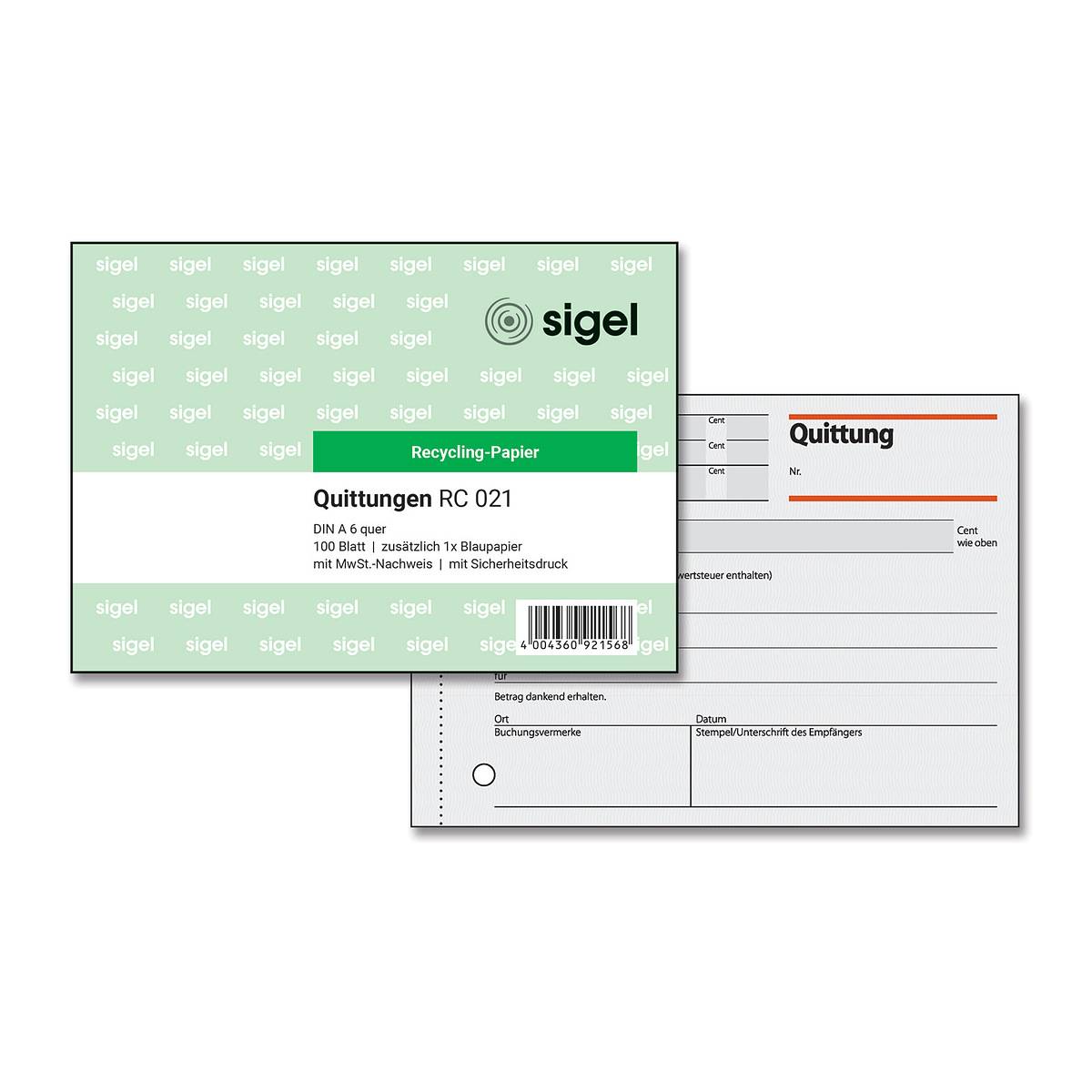 SIGEL Quittungen, Recycling-Papier, mit Sicherheitsdruck, A6 q, mit Blaupapier, 100 Blatt