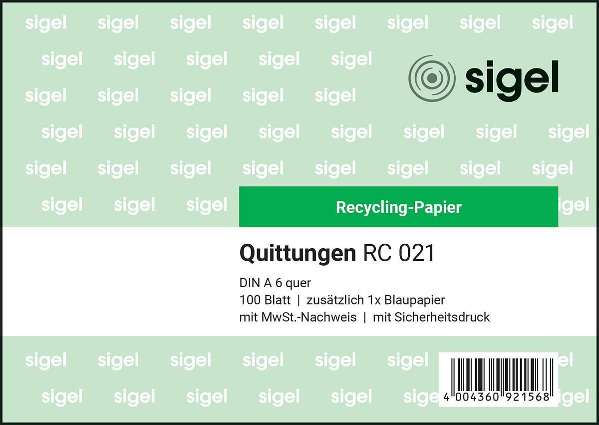 SIGEL Quittungen, Recycling-Papier, mit Sicherheitsdruck, A6 q, mit Blaupapier, 100 Blatt